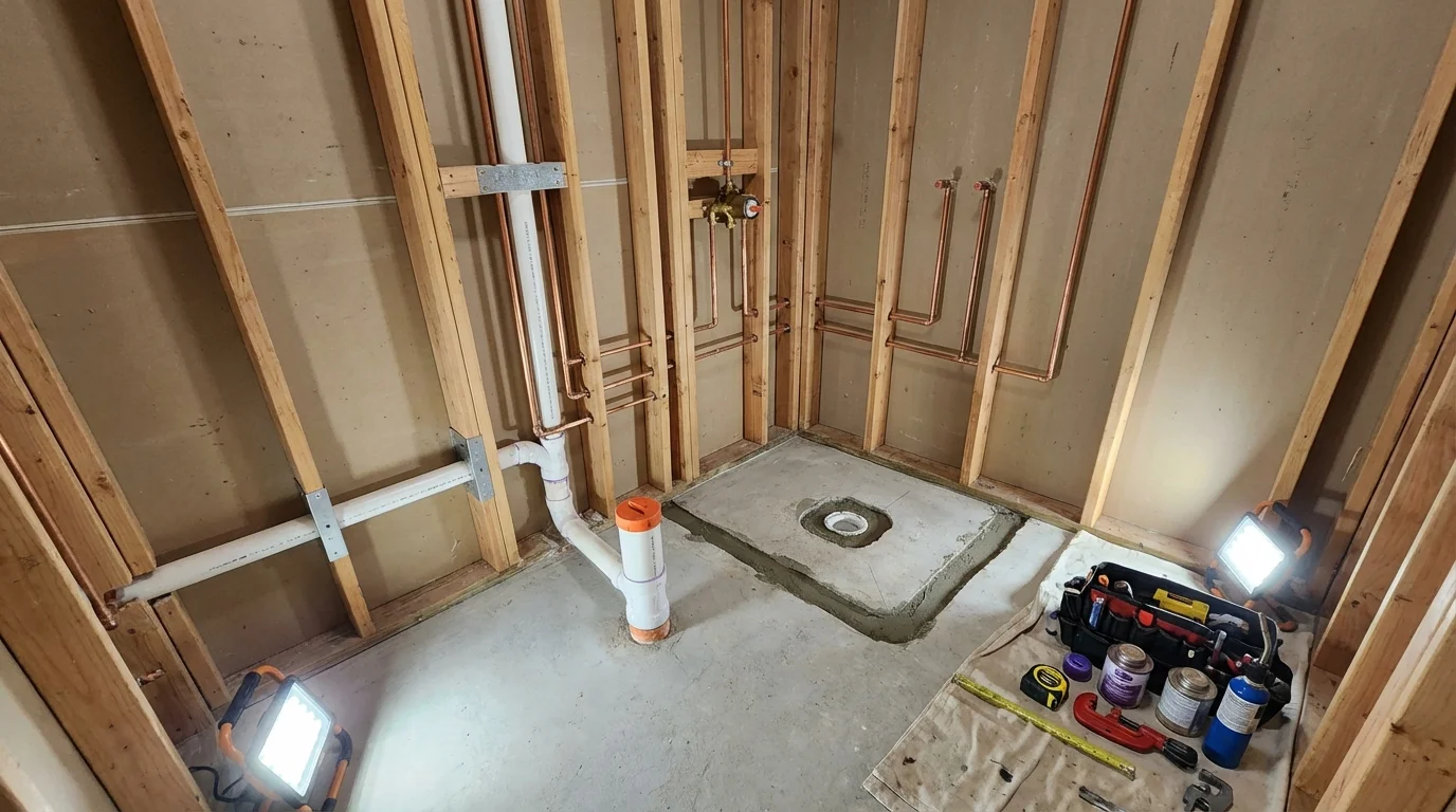 Bathroom rough-in plumbing during remodel by Johns Plumbing LLC in Orem