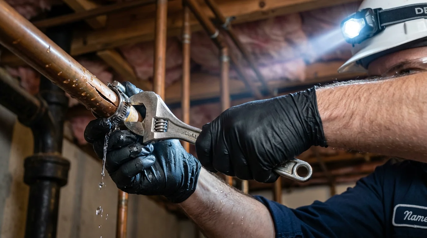 Emergency pipe clamp repair being performed by a Johns Plumbing LLC plumber in Orem