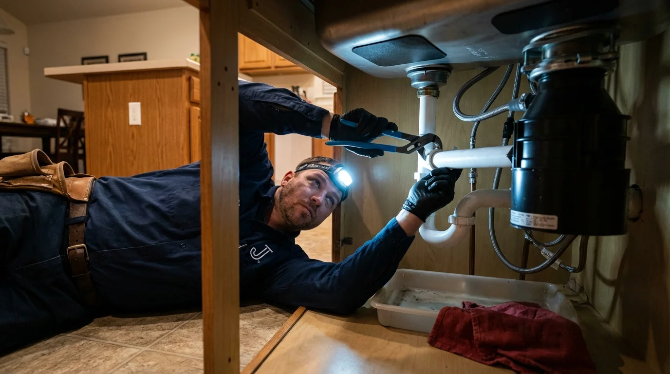 P-trap and supply line connections under a kitchen sink showing a common leak point in Orem, UT